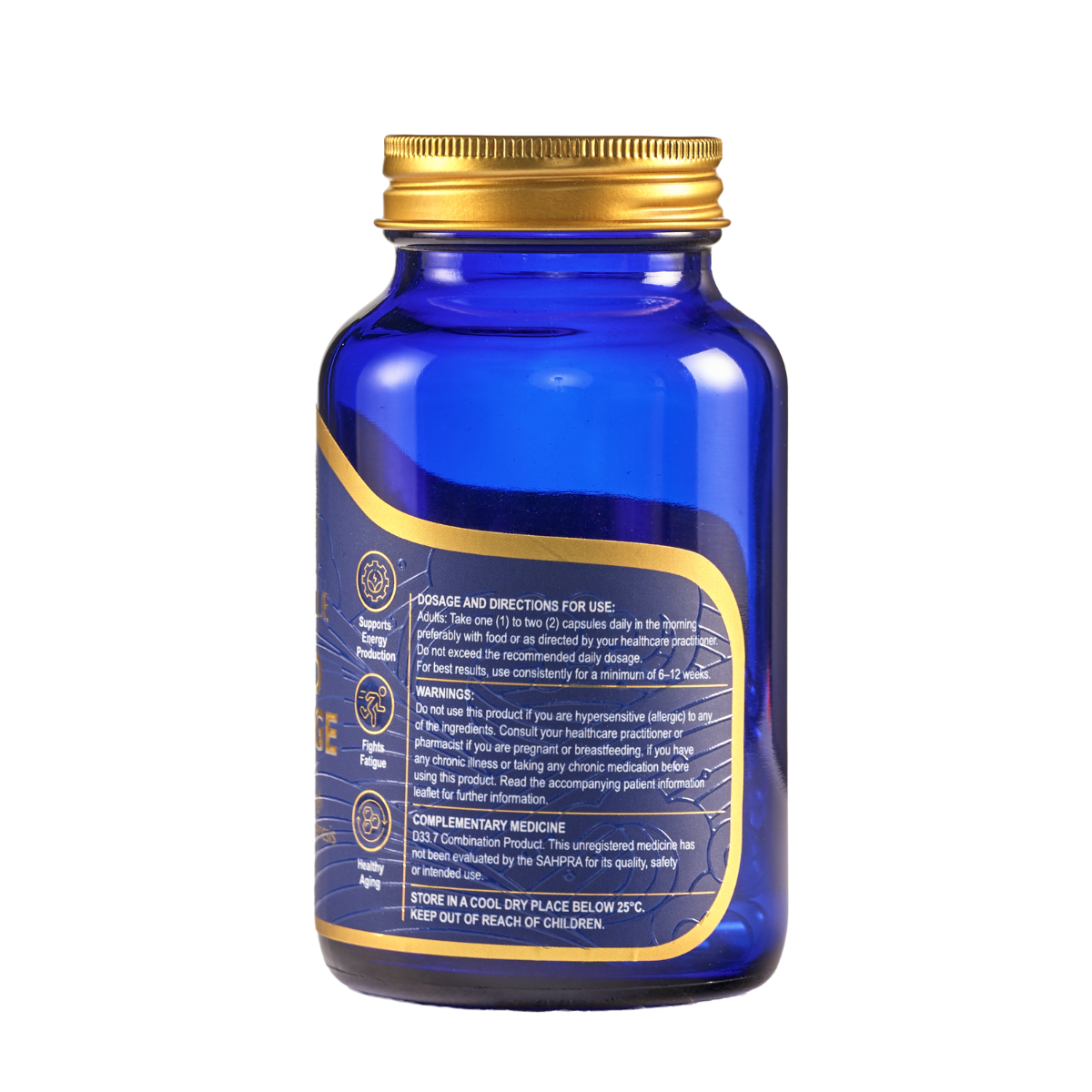 Blue supplement bottle with gold cap on a white background