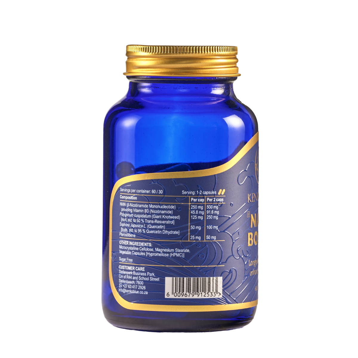 Blue supplement bottle with gold cap on a white background