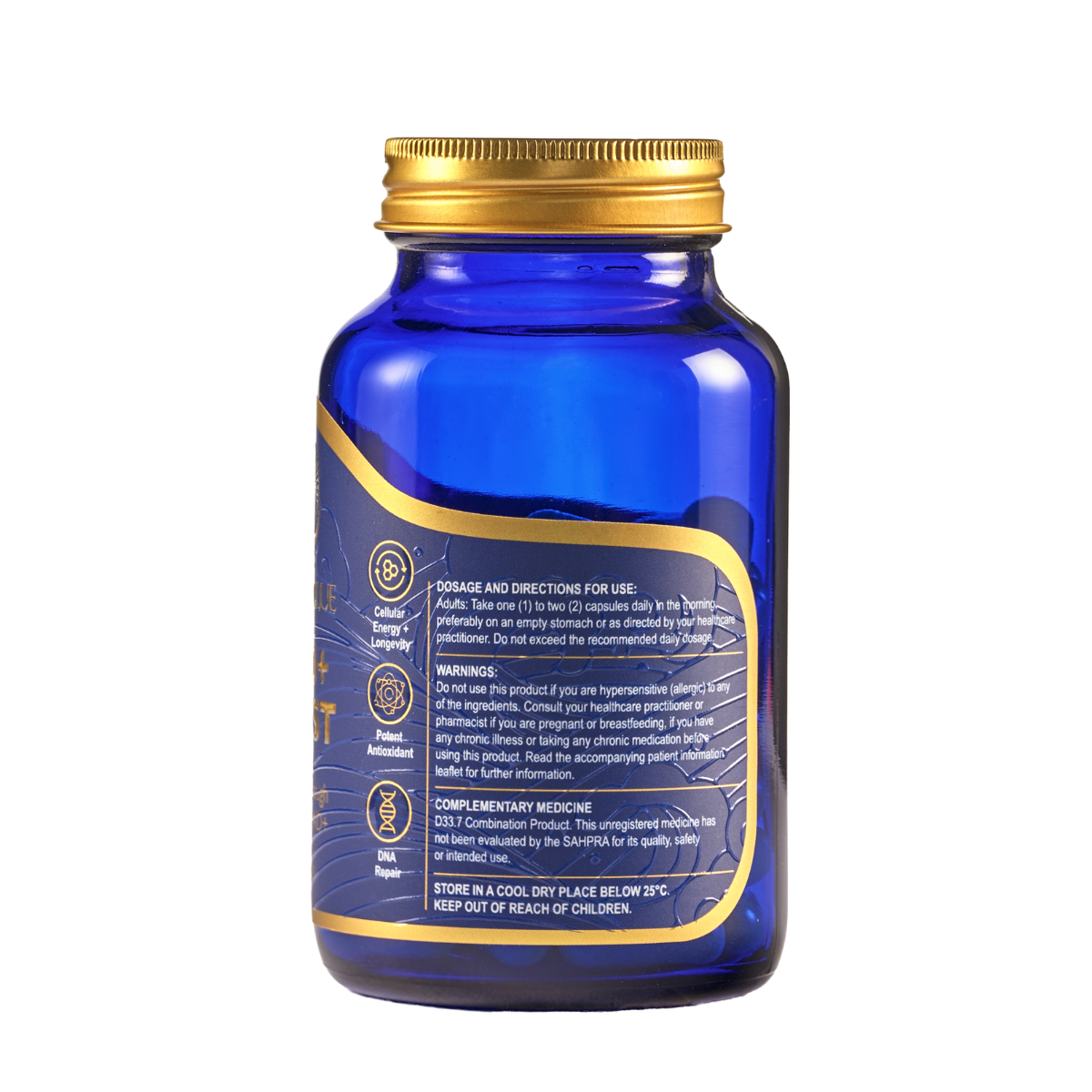 Blue supplement bottle with gold cap on a white background