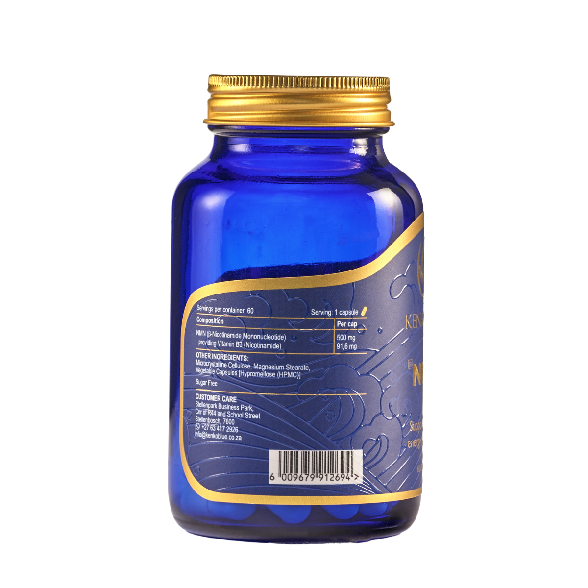 Blue supplement bottle with gold cap on a white background