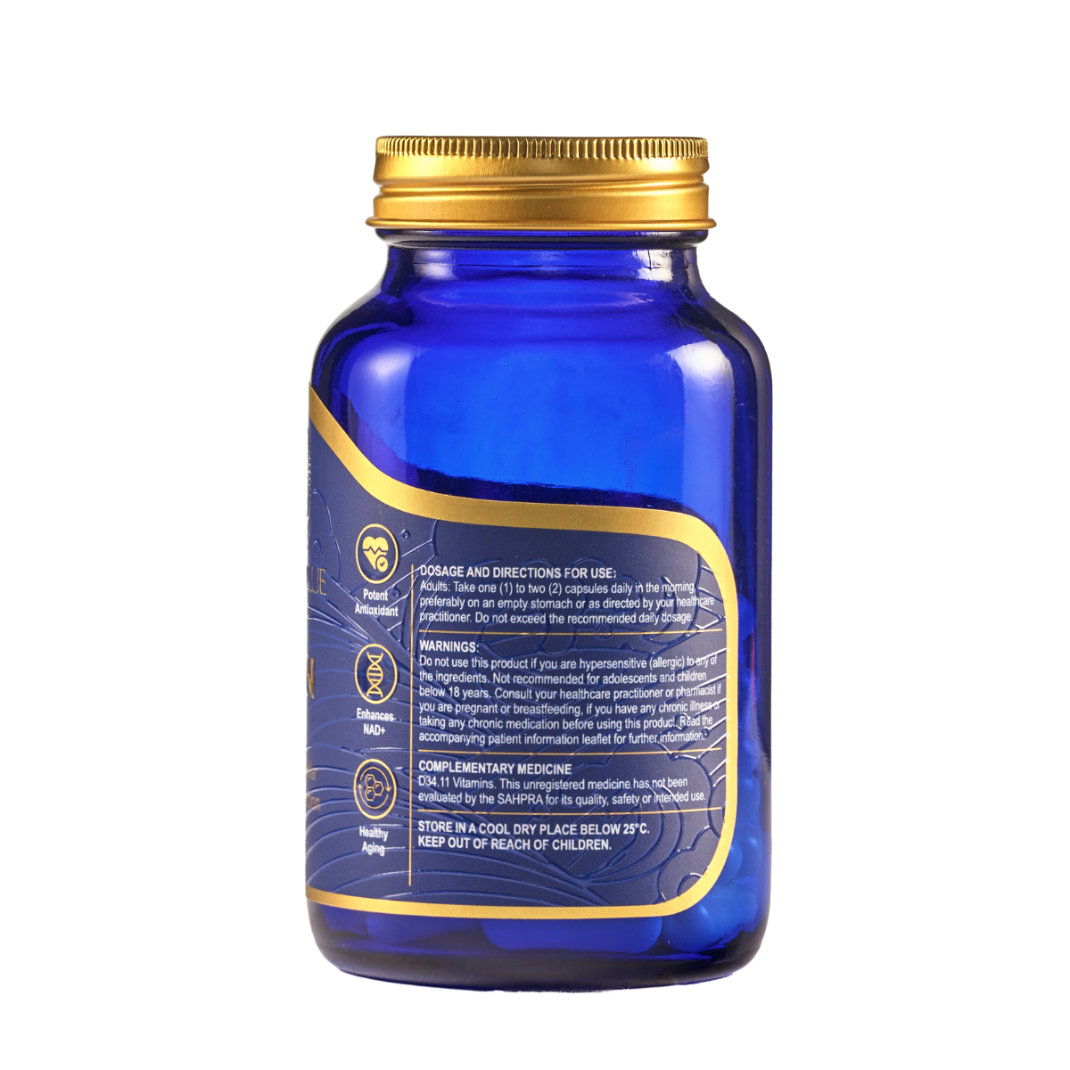 Blue supplement bottle with gold cap and label on a white background