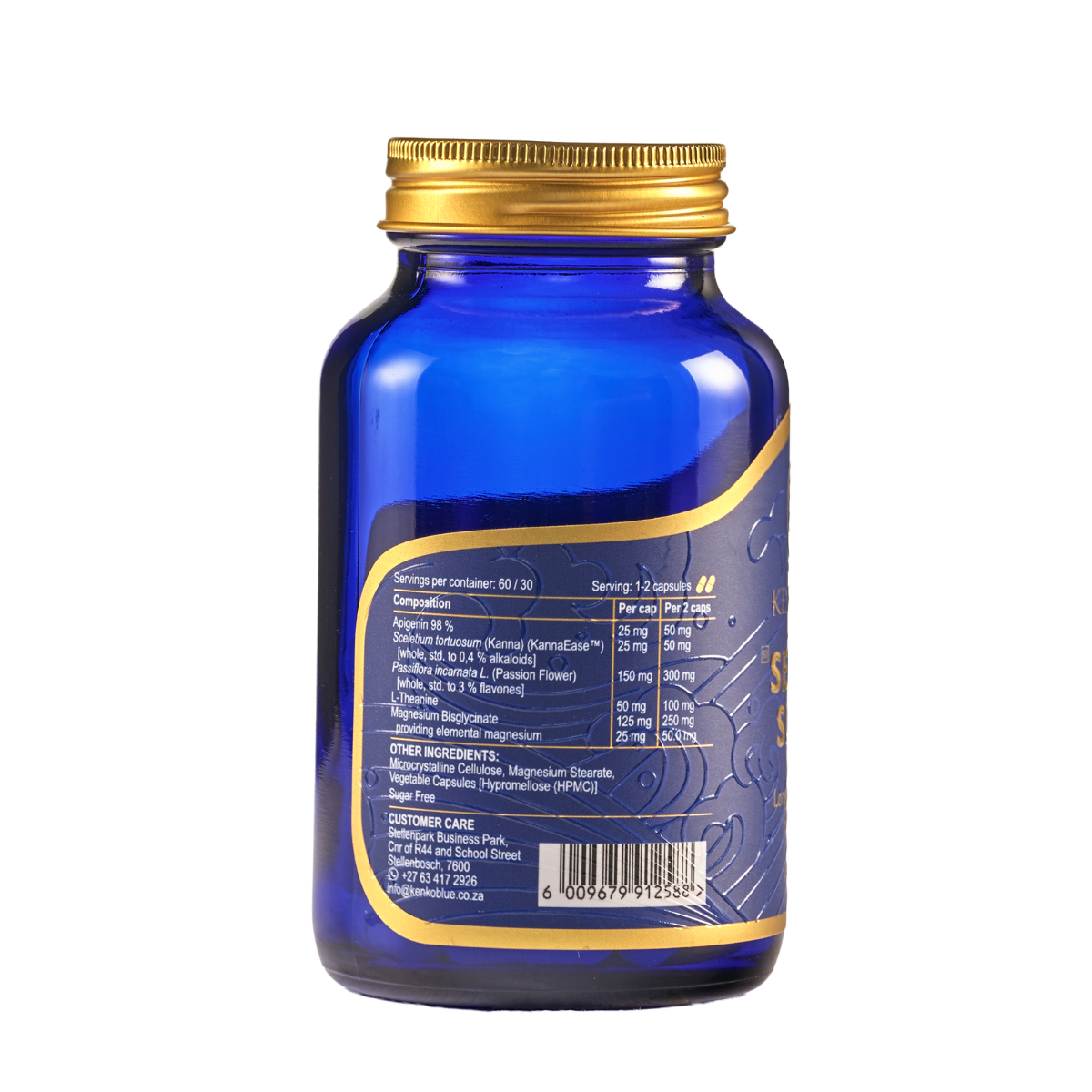 Blue supplement bottle with gold cap on a white background