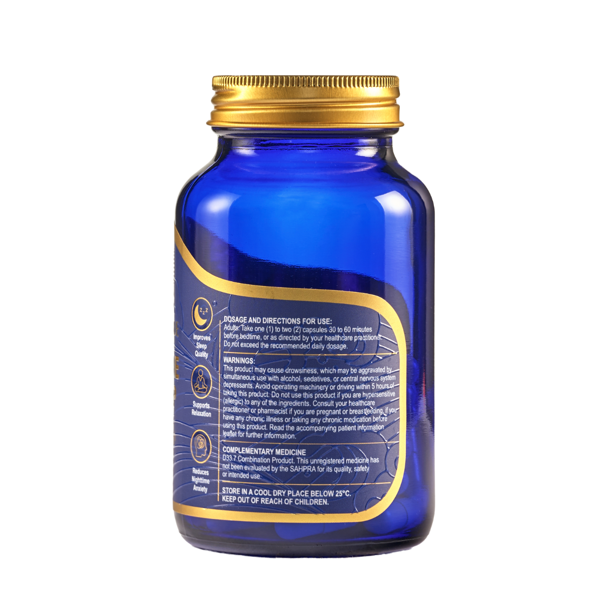 Blue supplement bottle with gold cap on a white background