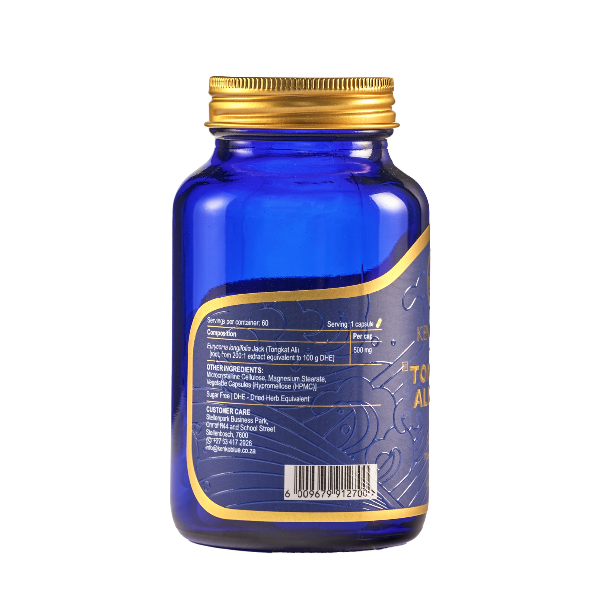 Blue supplement bottle with gold cap on a white background