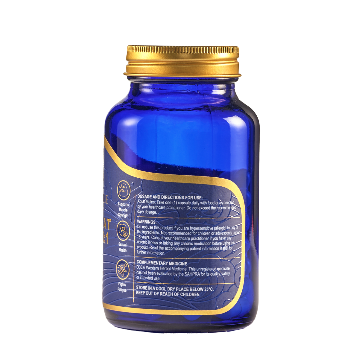 Blue supplement bottle with gold cap on a white background