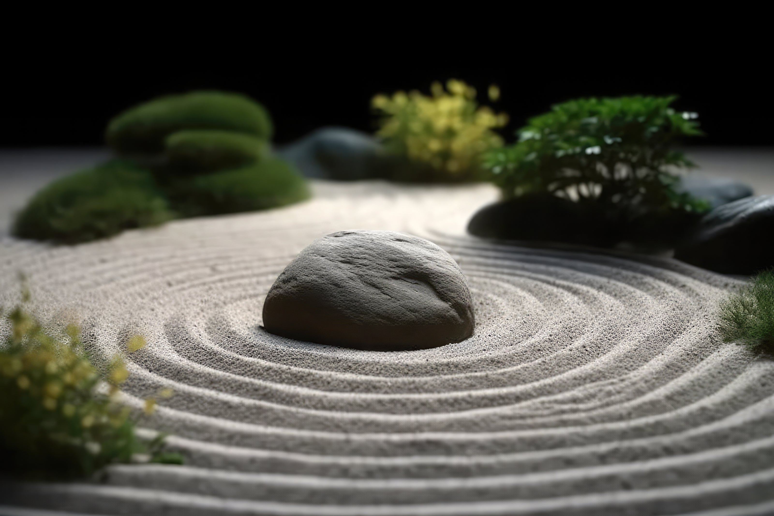 Zen garden with raked sand, rocks, and small plants